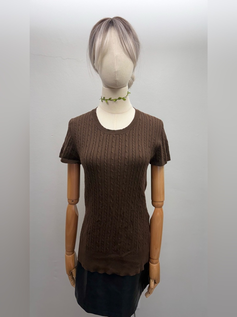 Merona Brown Cable Knit Short Sleeve Sweater Top Size L Cotton Blend